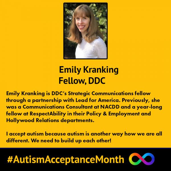A black and yellow graphic with the #AutismAwarenessMonth and the rainbow biography. It has a photo, name, job title, a biography, and why they accept their autism.