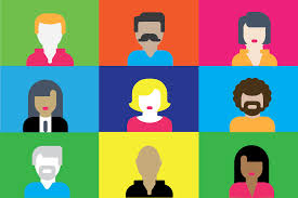 Online meeting image - cartoon image of nine people in equal sized squares. Each square has a different color background and a cartoon person, all of different skin colors, hair colors, and shirt colors.