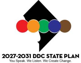 DD Council State Plan 2027-2031 logo with 5 colorful circles with an underline statement: You Speak. We listen. We create change.